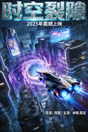 科幻电影《时空裂隙》海报，未来科技城市与穿梭时空的飞船